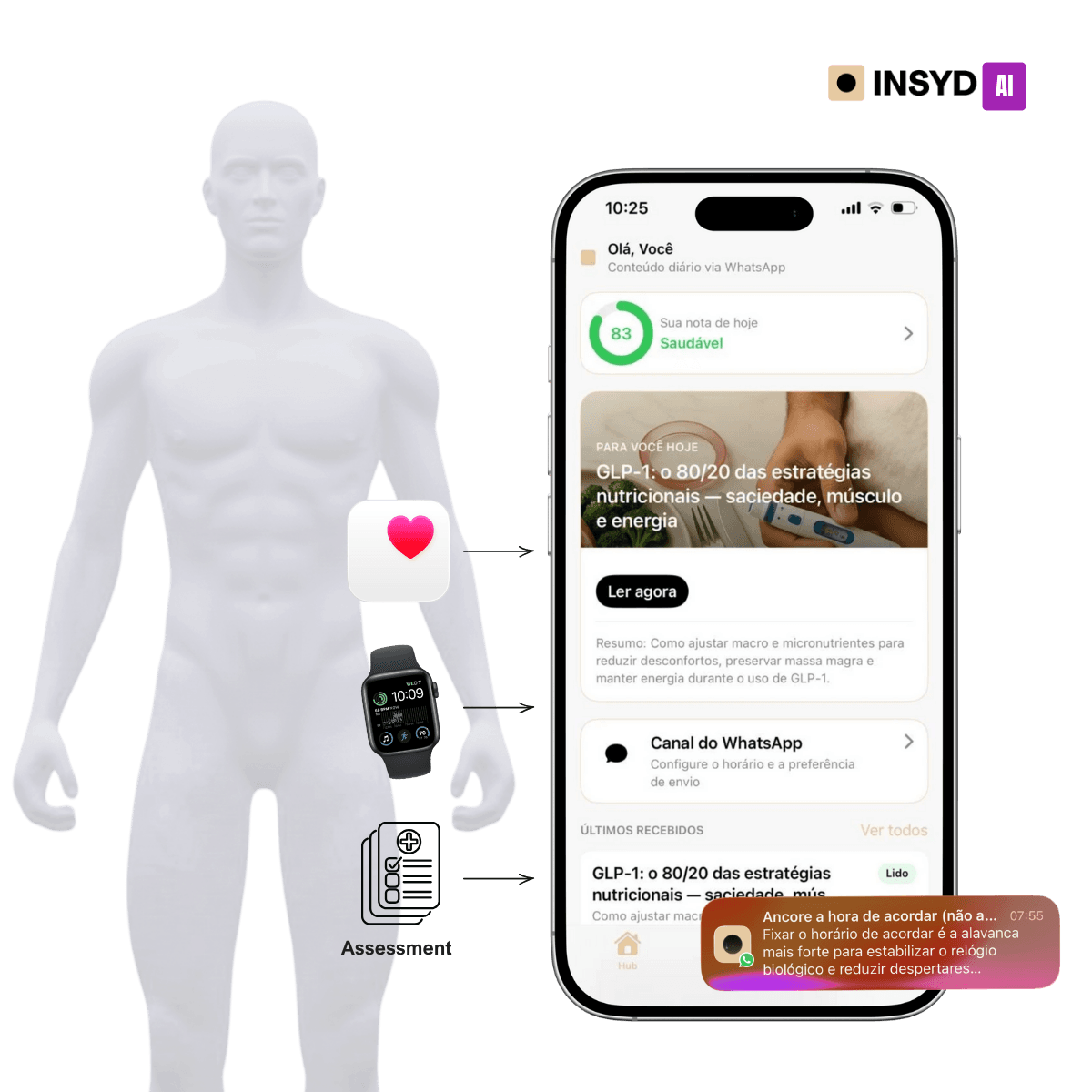 INSYD — tela com insight diário no app e canal WhatsApp